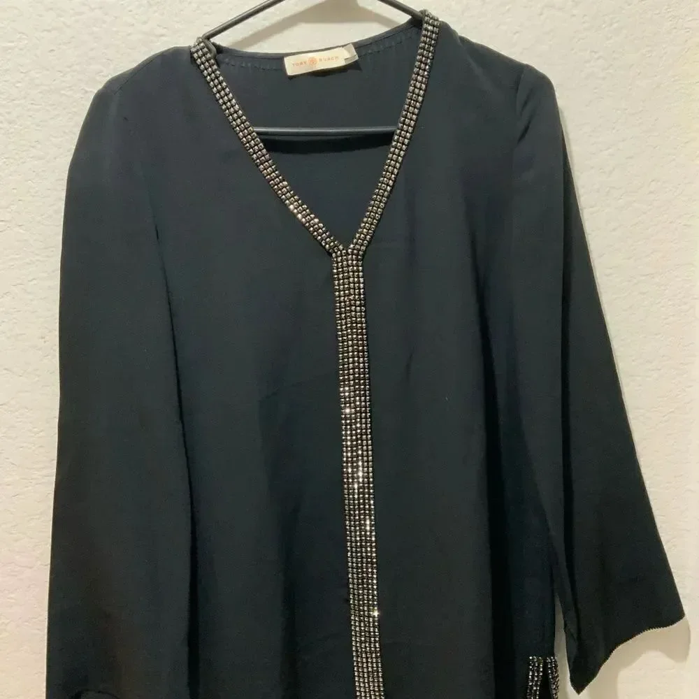 Tory Burch Mallet Embellished Studded Silk V Neck Tunic Blouse Top Black 6